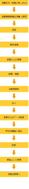 製薬会社（治療の申し込み）→治験審査委員会開催（病院）→承認→開始準備→患者さんの同意→診療・検査→治験薬使用→終了→患者さんのデータ整理→厚生労働省に提出→承認→商品として販売→市販後調査へ、という流れになります。