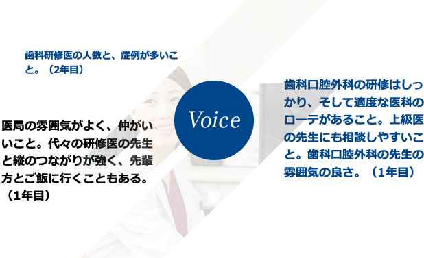 歯科研修医の人数と、症例が多いこと。（2年目）医局の雰囲気が良く、仲がいいこと。代々の研修医の先生と縦のつながりが強く、先輩方とご飯に行くこともある。（1年目）歯科口腔外科の研修はしっかり、そして適度な医科のローテがあること。上級医の先生にも相談しやすいこと。歯科口腔外科の先生の雰囲気の良さ。（1年目）