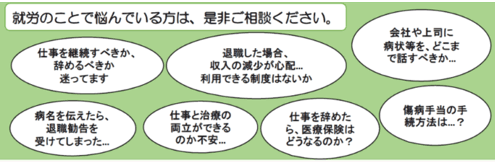 「仕事を継続すべきか、やめるべきか迷っている。」「退職した場合、収入の減少が心配。利用できる制度はないか」「会社や上司に病状等を、どこまで話すべきか」「病名を伝えたら、退職勧告を受けてしまった」「仕事と治療の両立ができるのか不安」「仕事を辞めたら、医療保険はどうなるのか？」「傷病手当の手続き方法は？」就労のことで悩んでいる方は、是非ご相談ください。