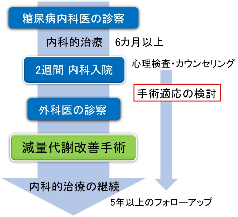 糖尿病内科医が診察し、内科的治療を6か月以上実施。2週間入院しカウンセリングや外科医の診察を受け手術適応を検討します。