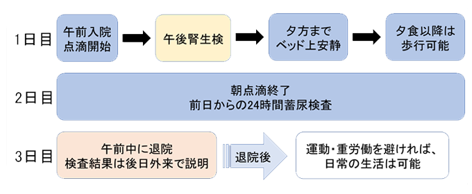 1日目午前入院点滴開始、午後腎生検、夕方までベット上安静、夕食以降は歩行可能、2日目朝点滴終了前日からの24時間蓄尿検査3日目午前中に退院検査結果は後日外来で説明、退院後、運動・重労働を避ければ、日常の生活は可能